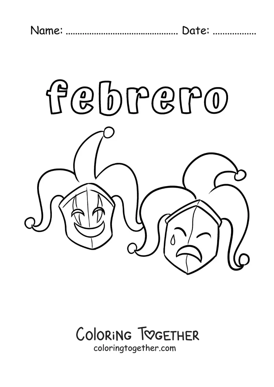 Coloring page of February with Carnival masks