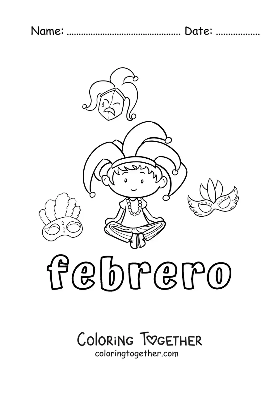 Coloring page of February with a child at Carnival