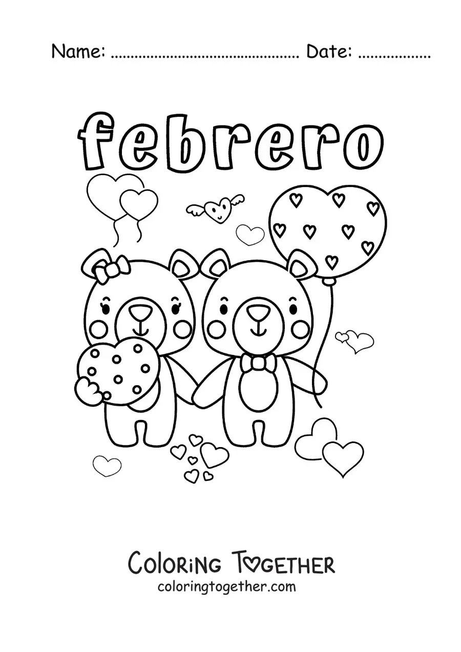 Coloring page of February with two Valentine's Day bears in love