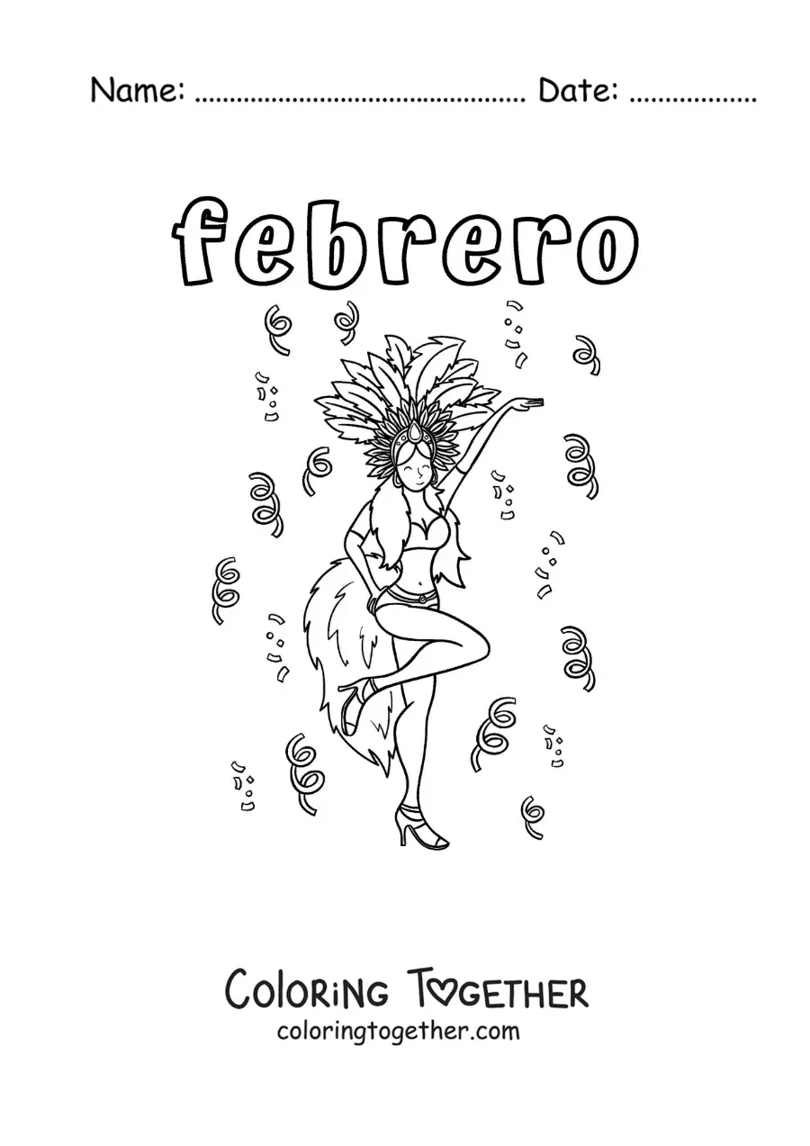 Coloring page of February with a Brazilian Carnival dancer