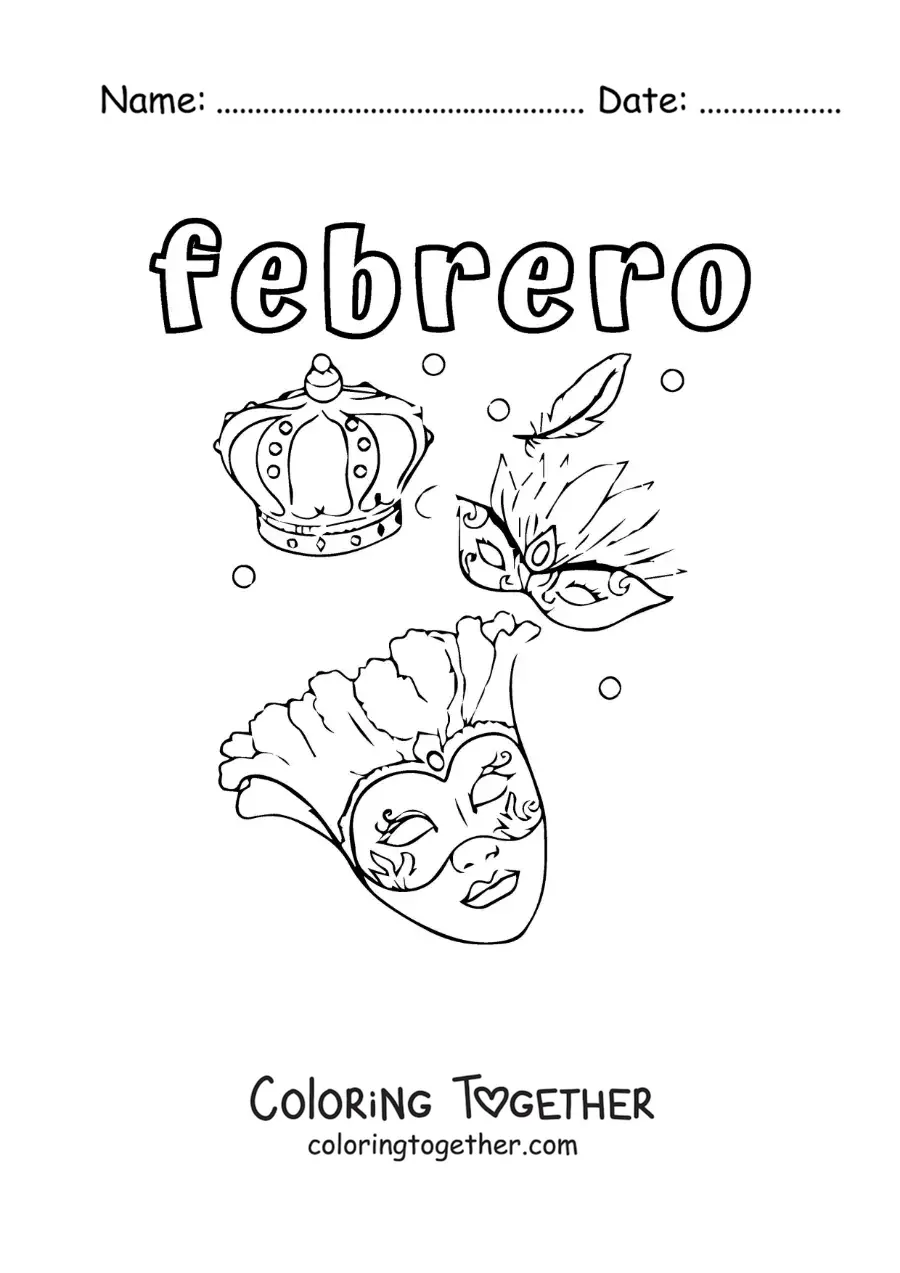 Coloring page of February with traditional Carnival masks