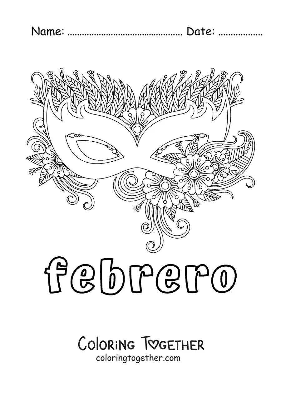Coloring page of February with a Carnival mask