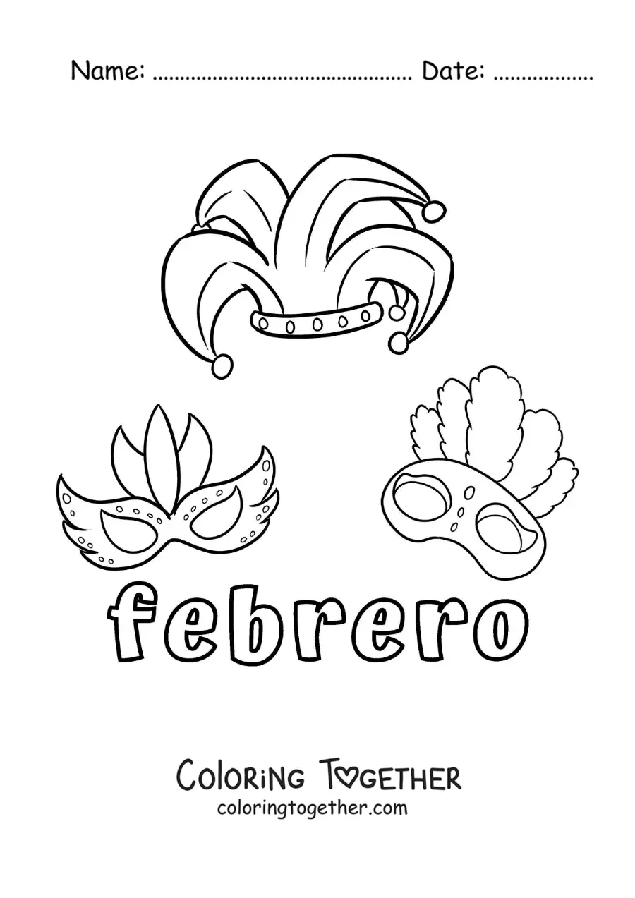 Coloring page of February with cartoon Carnival masks