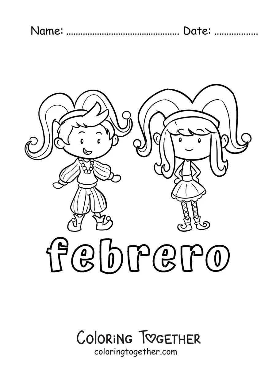 Coloring page of February with two children at Carnival