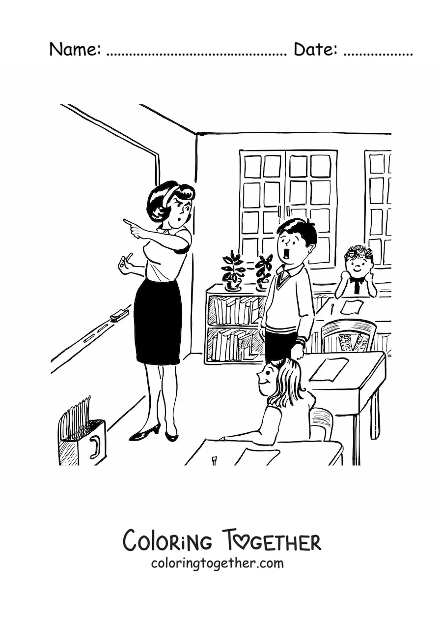 Coloring page of an angry female teacher scolding a student
