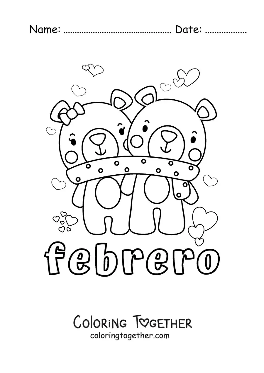Coloring page of February with a pair of bears on Valentine's Day