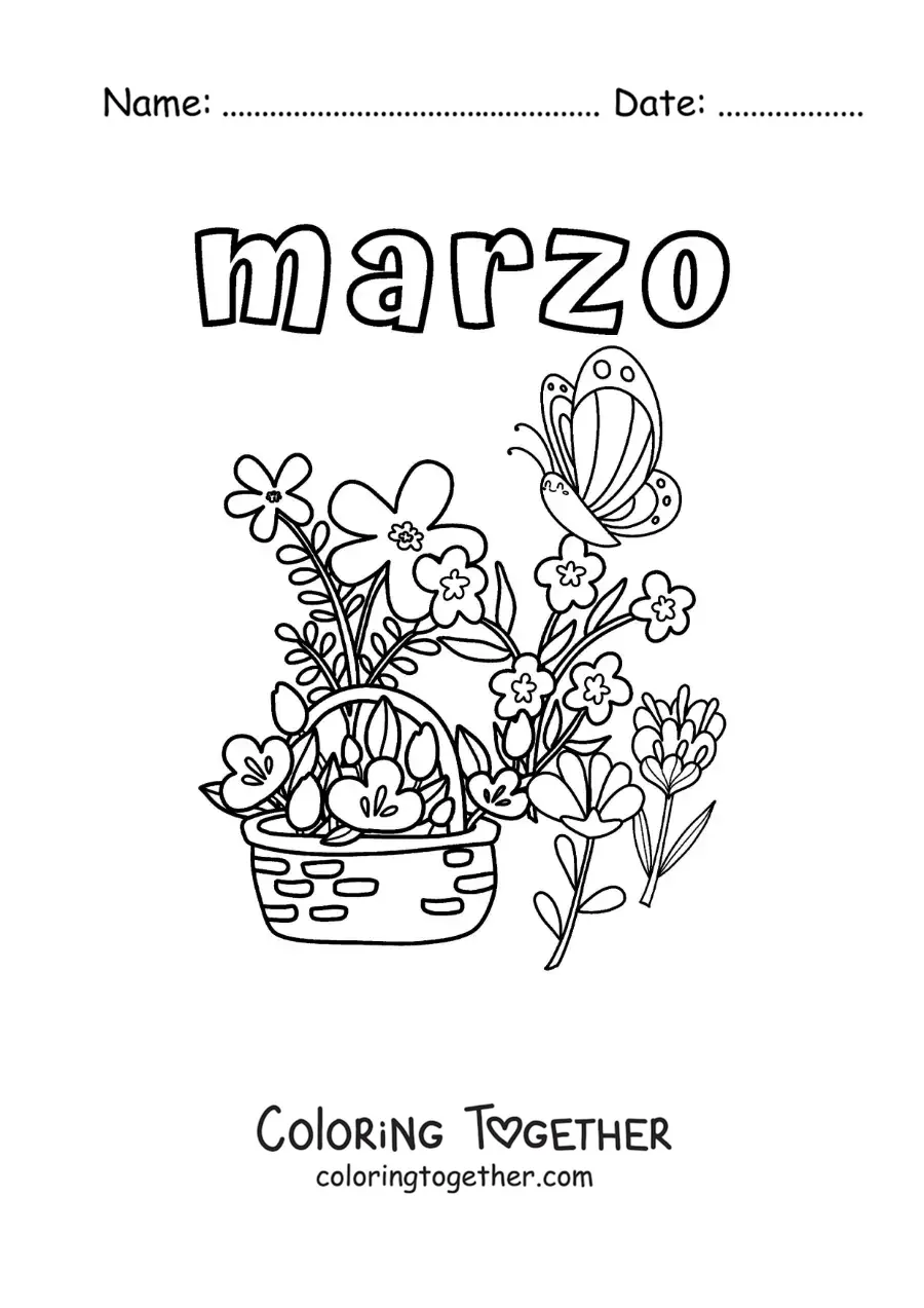 Coloring page of March with flowers and a butterfly