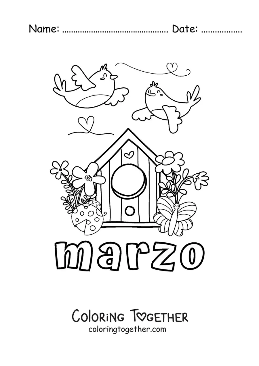 Coloring page of March with birds and flowers