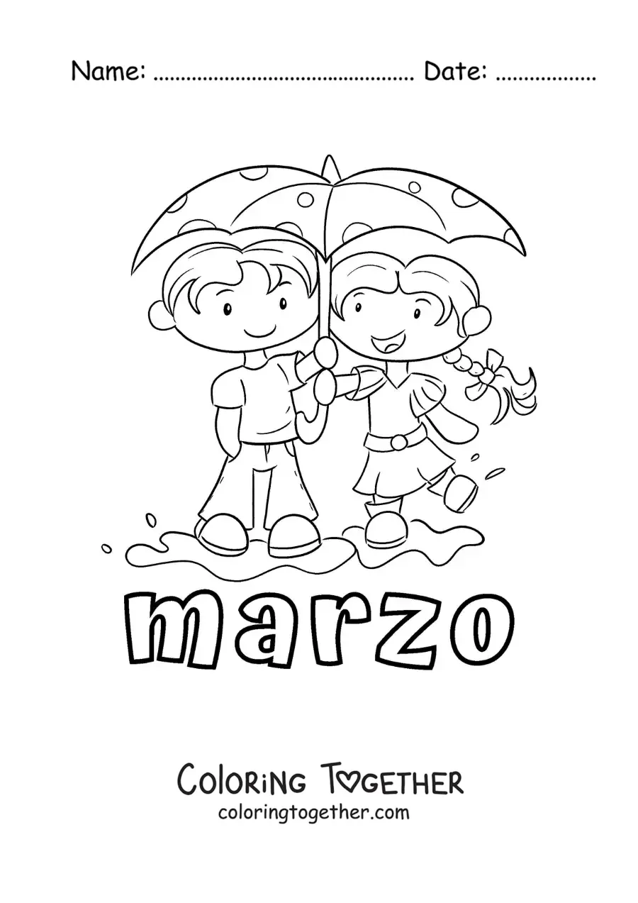 Coloring page of March with two children under umbrellas in the rain