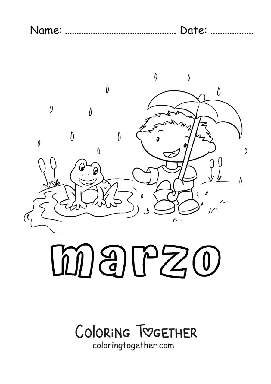 Coloring page of March with a boy in the rain beside a cartoon frog
