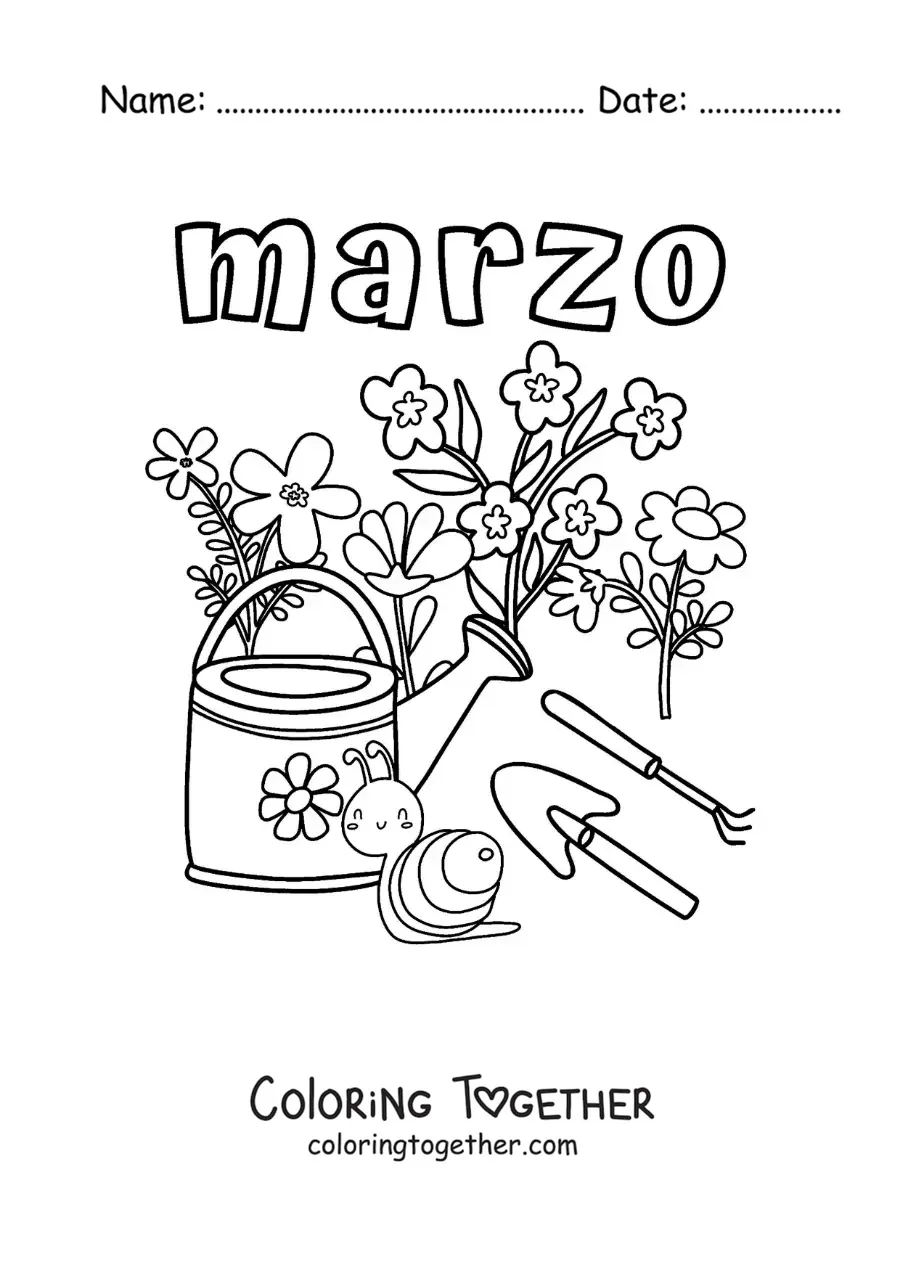 Coloring page of March with flowers and a snail