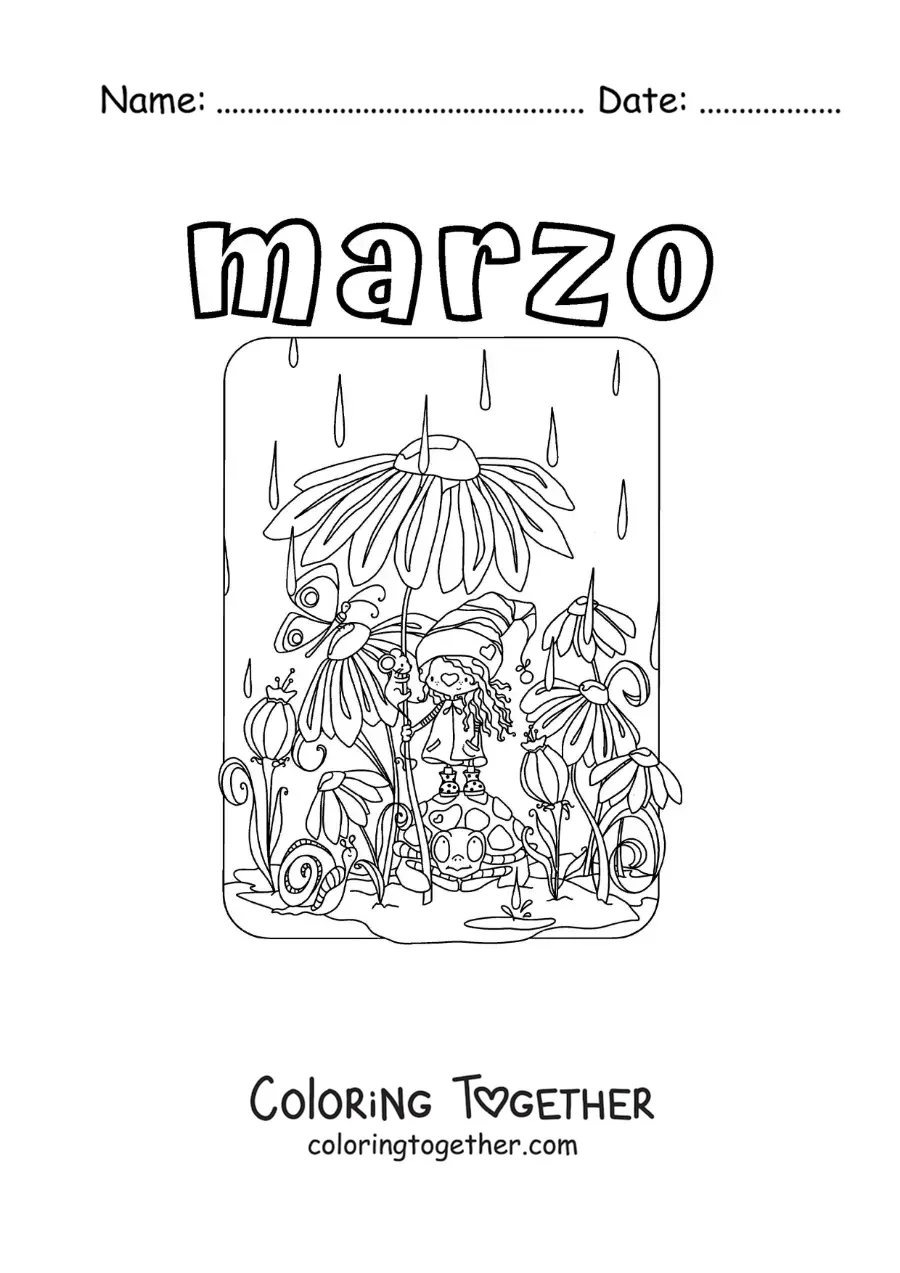 Coloring page of March with flowers in the rain