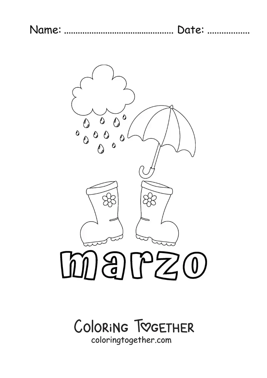 Coloring page of March with an umbrella and a pair of rain boots