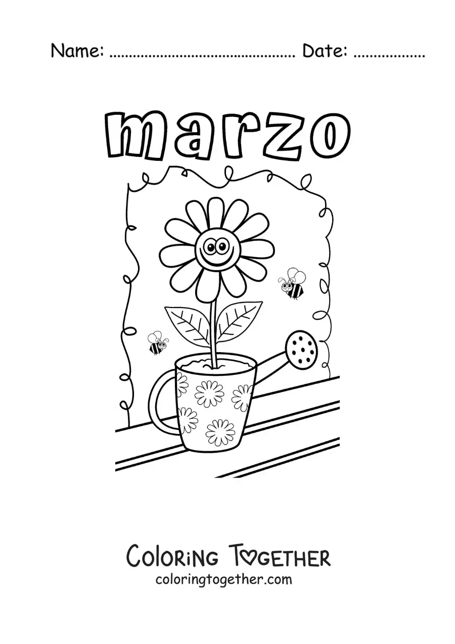 Coloring page of March with a cartoon flower