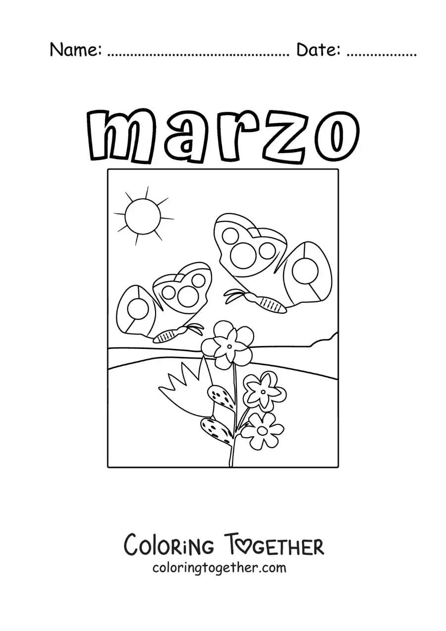 Coloring page of March with spring flowers and a butterfly