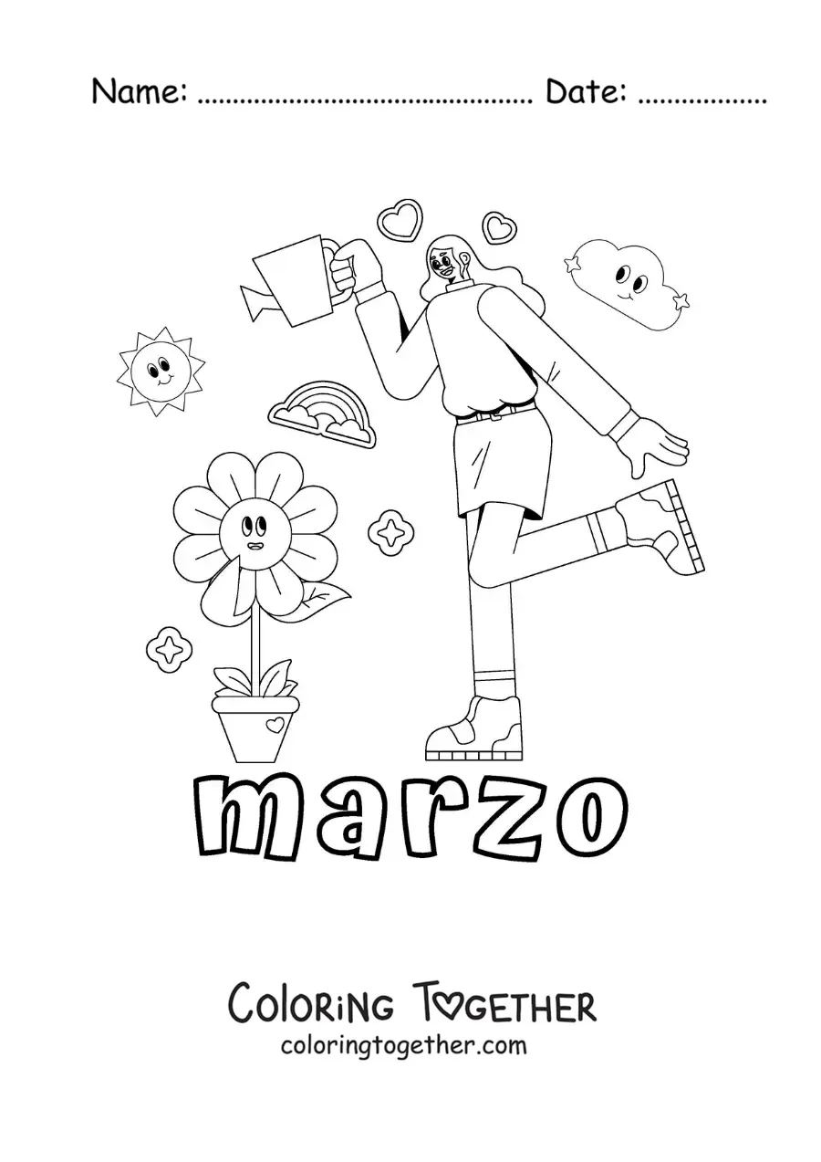 Coloring page of March with a girl watering the flowers