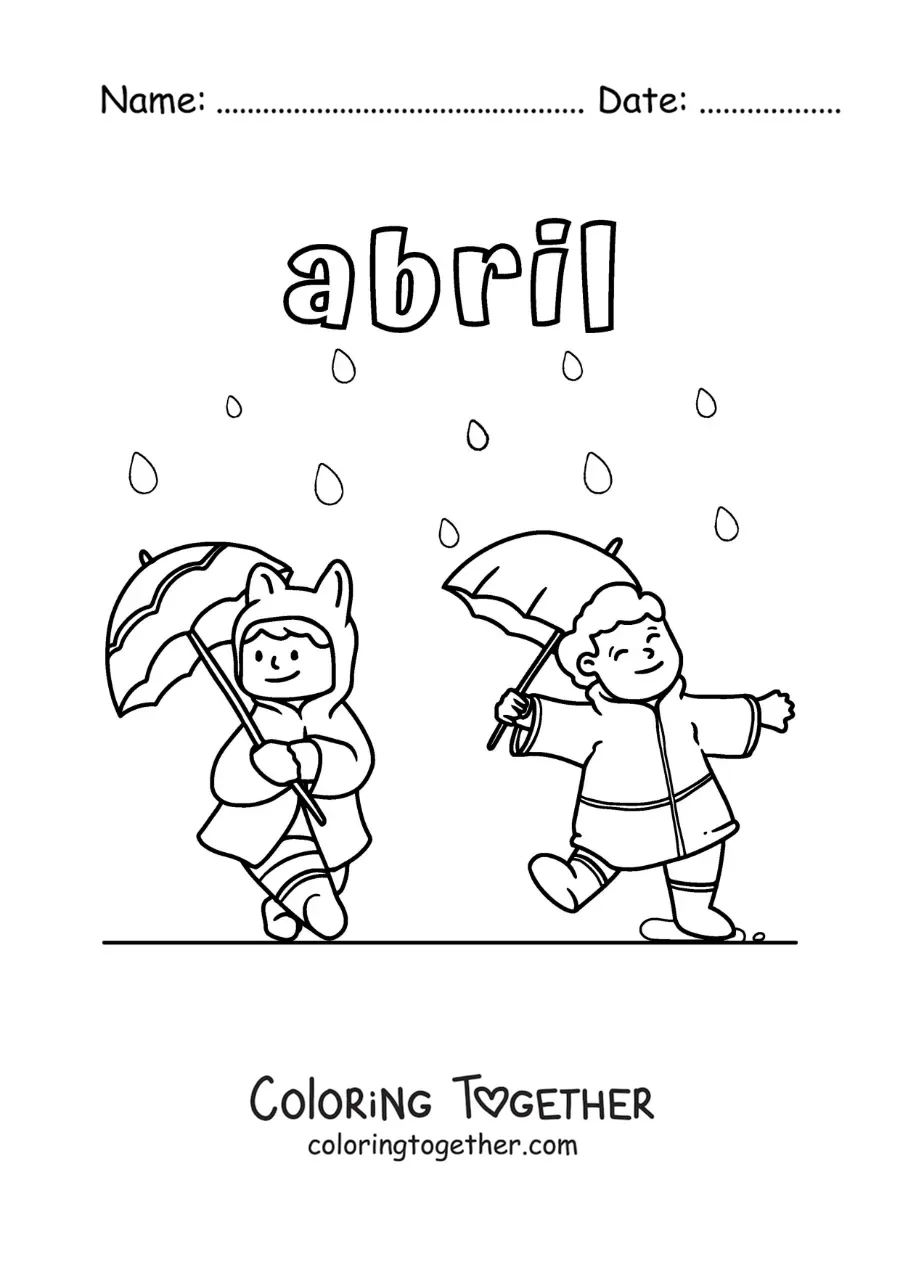 Coloring page of April with children in the rain