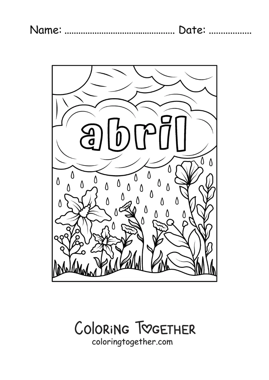 Coloring page of April with a landscape of flowers and rain