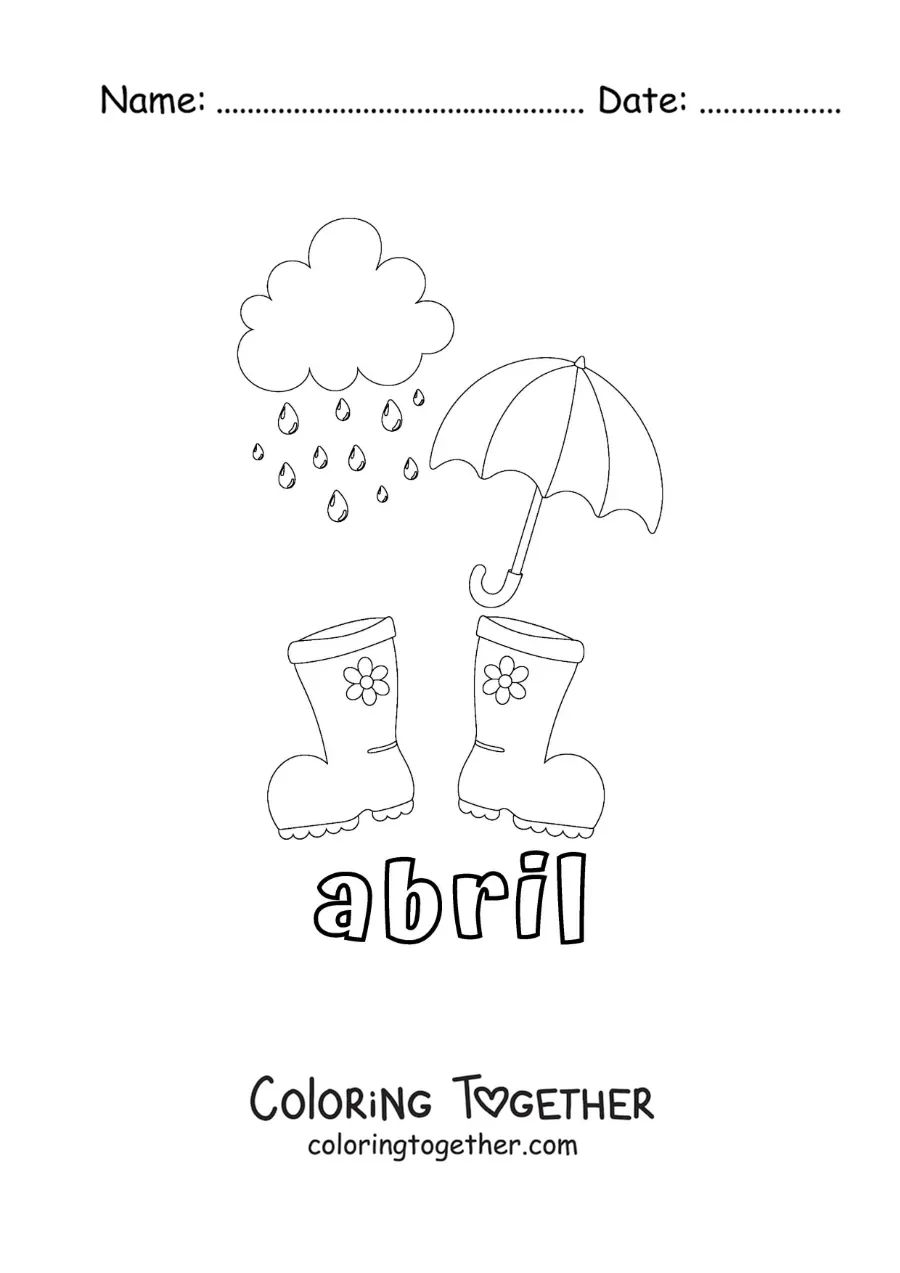 Coloring page of April with rain boots and an umbrella