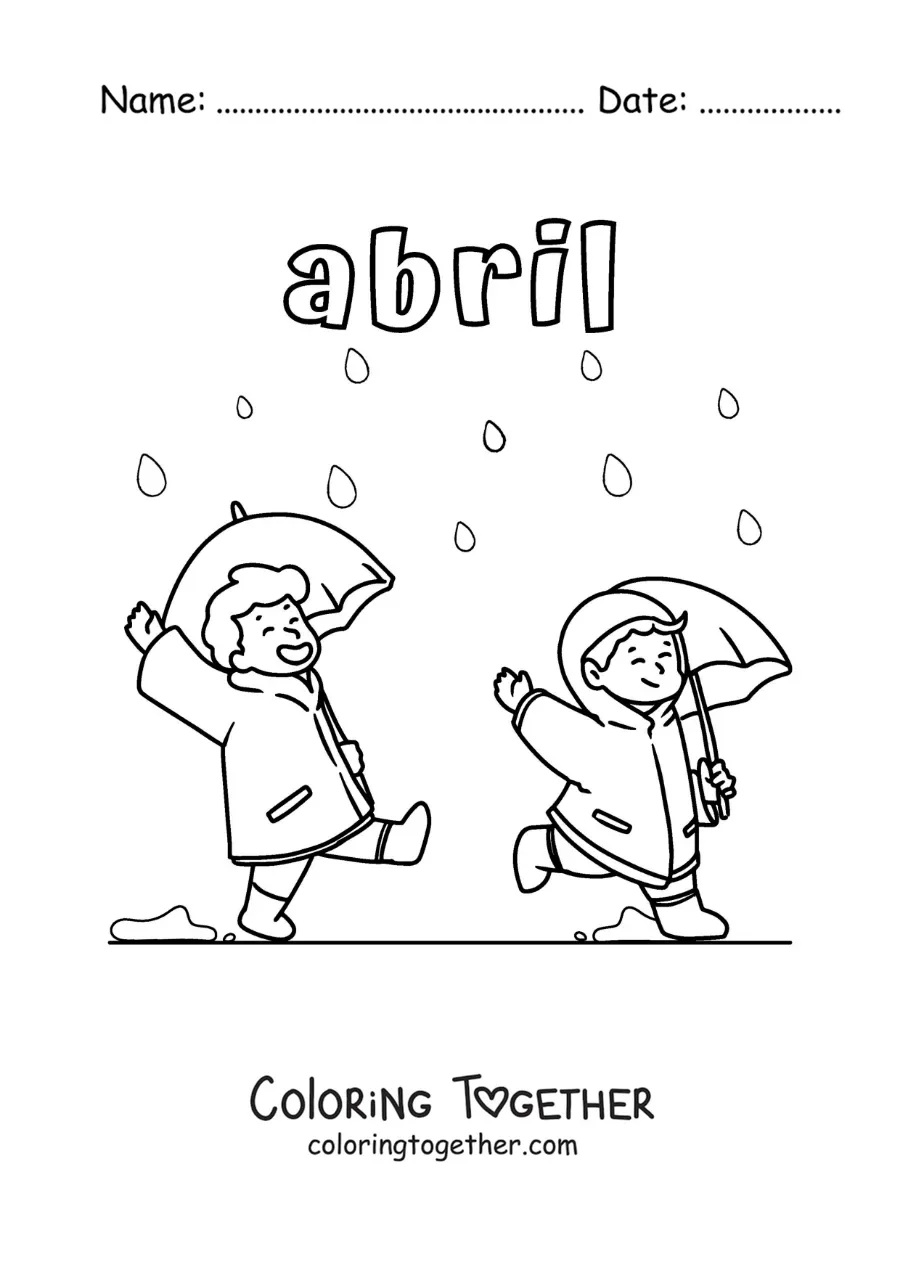 Coloring page of April with children jumping in the rain