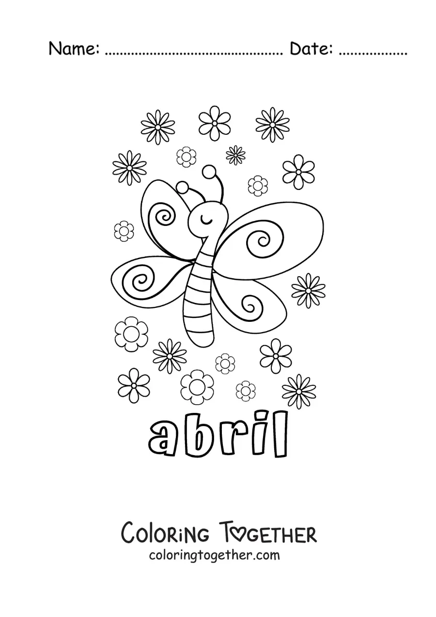 Coloring page of April with a cartoon butterfly and flowers