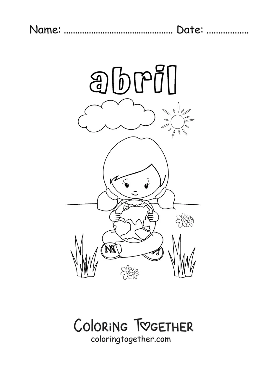 Coloring page of April with a girl hugging the Earth
