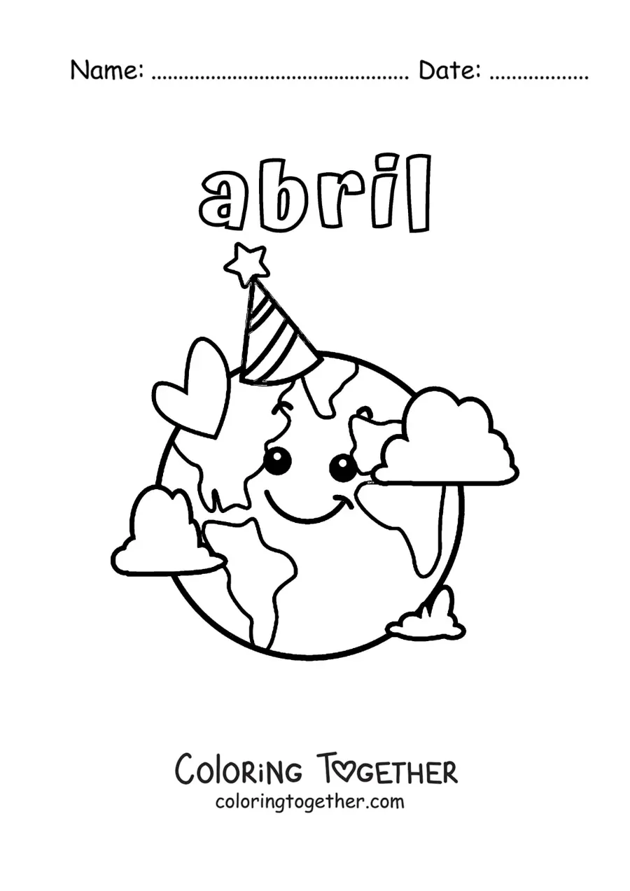 Coloring page of April with the cartoon Earth on its day wearing a birthday hat