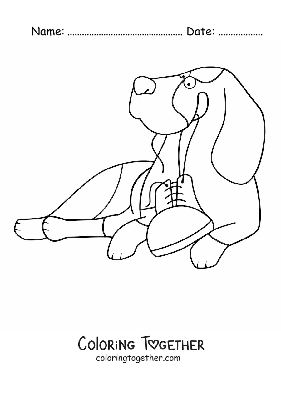 Coloring page of a basset hound lying down and playing with a shoe