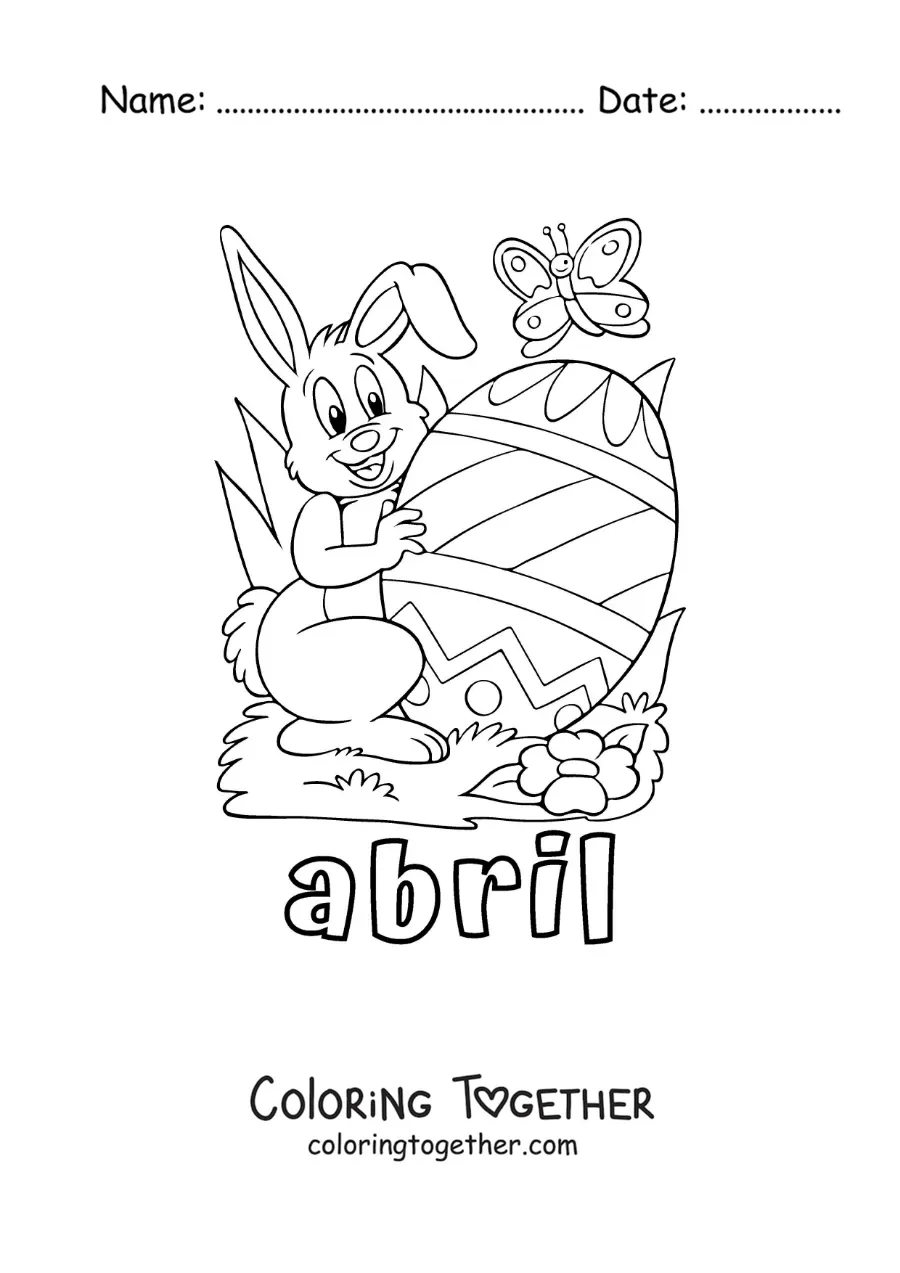Coloring page of April with a cartoon Easter bunny