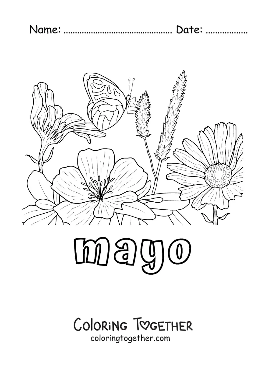 Coloring page of May with a butterfly in a flower garden
