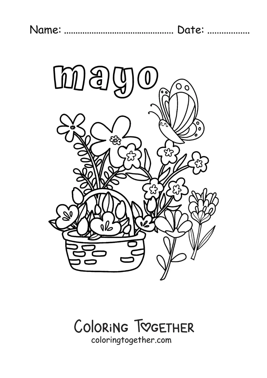 Coloring page of May with spring flowers in a basket and a butterfly