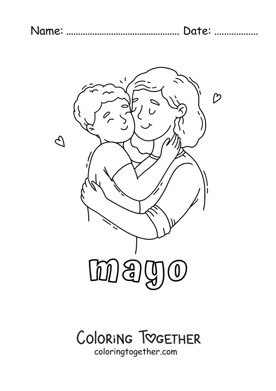 Coloring page of May with a Mother's Day hug