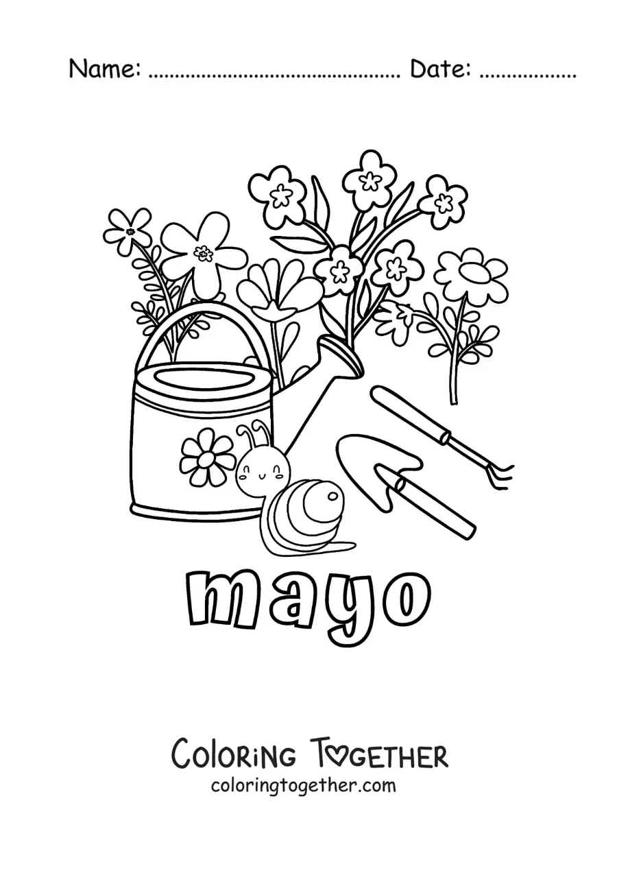 Coloring page of May with flowers beside gardening tools and a cartoon snail
