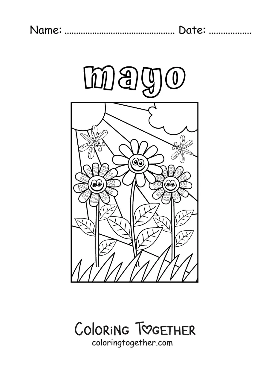 Coloring page of May with a landscape of cartoon flowers and a bright sun