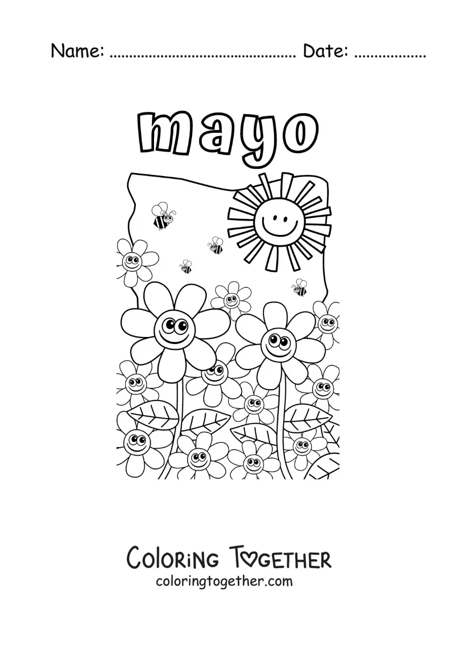 Coloring page of May with cartoon flowers under the spring sun
