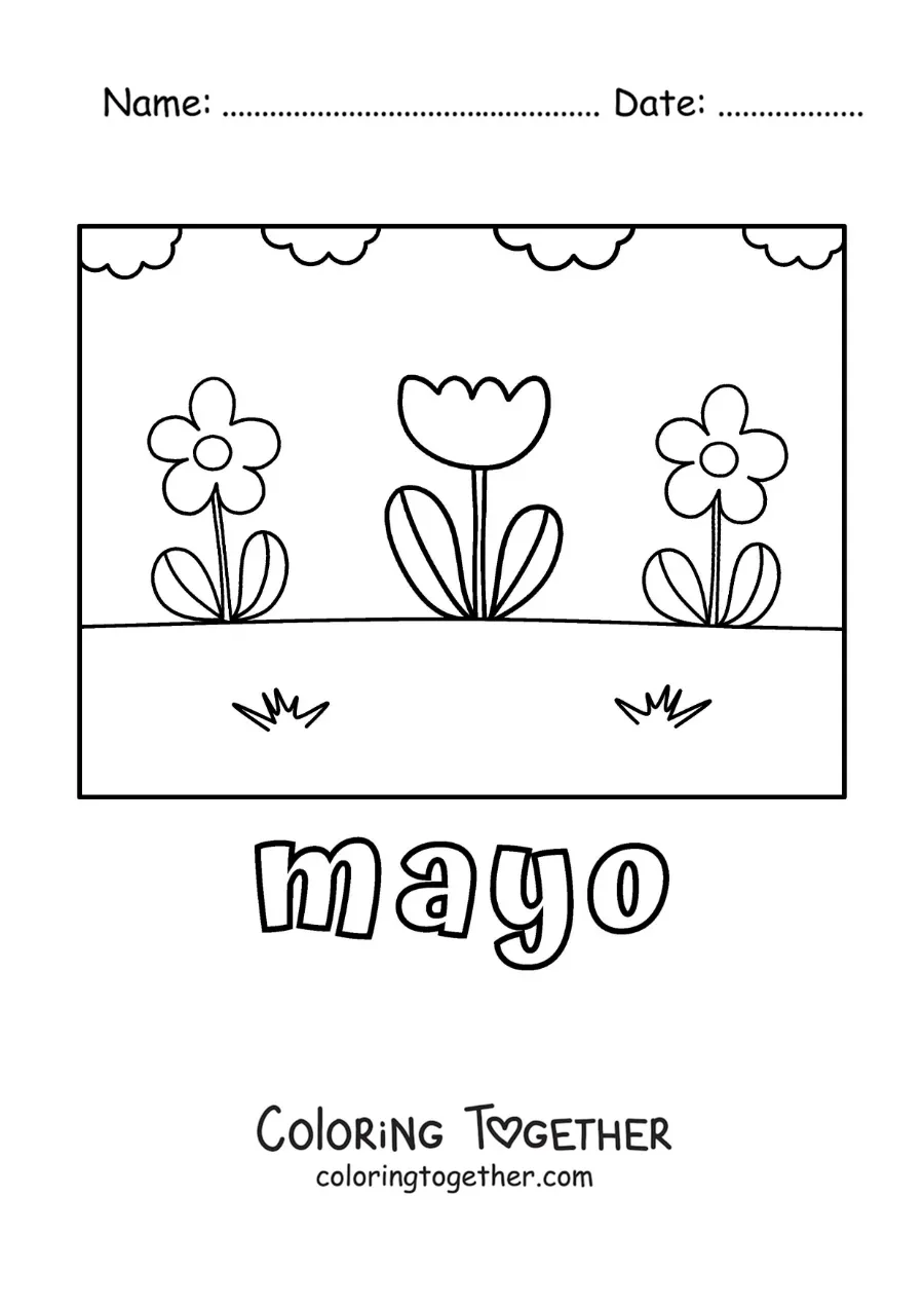 Coloring page of May with simple flowers in a garden