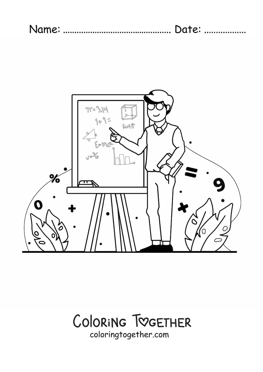 Coloring page of a teacher pointing at a board with math formulas