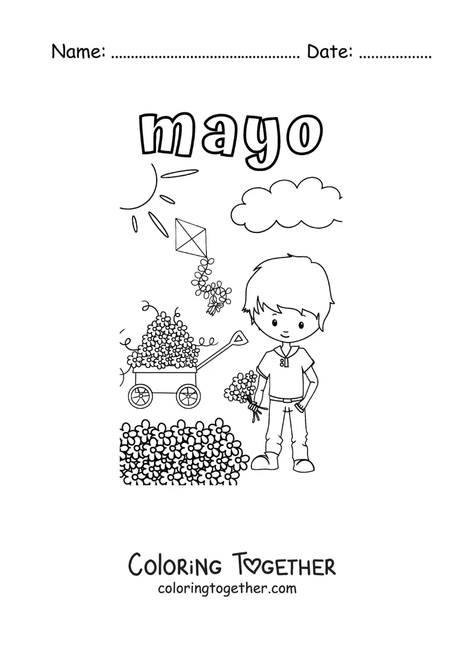 Coloring page of May with a boy gathering flowers on a sunny day