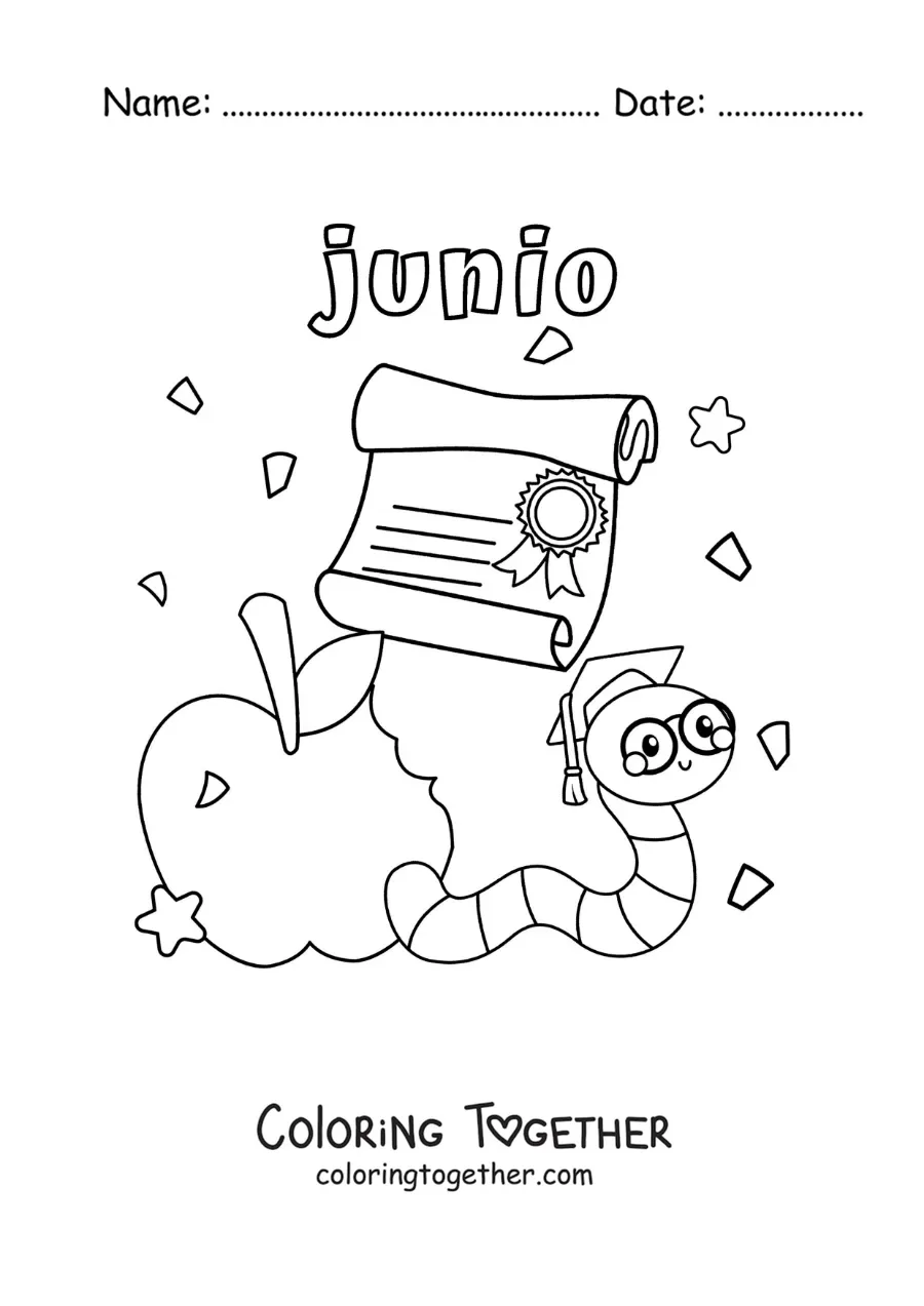 Coloring page of June with a cartoon worm wearing a graduation cap and holding a diploma