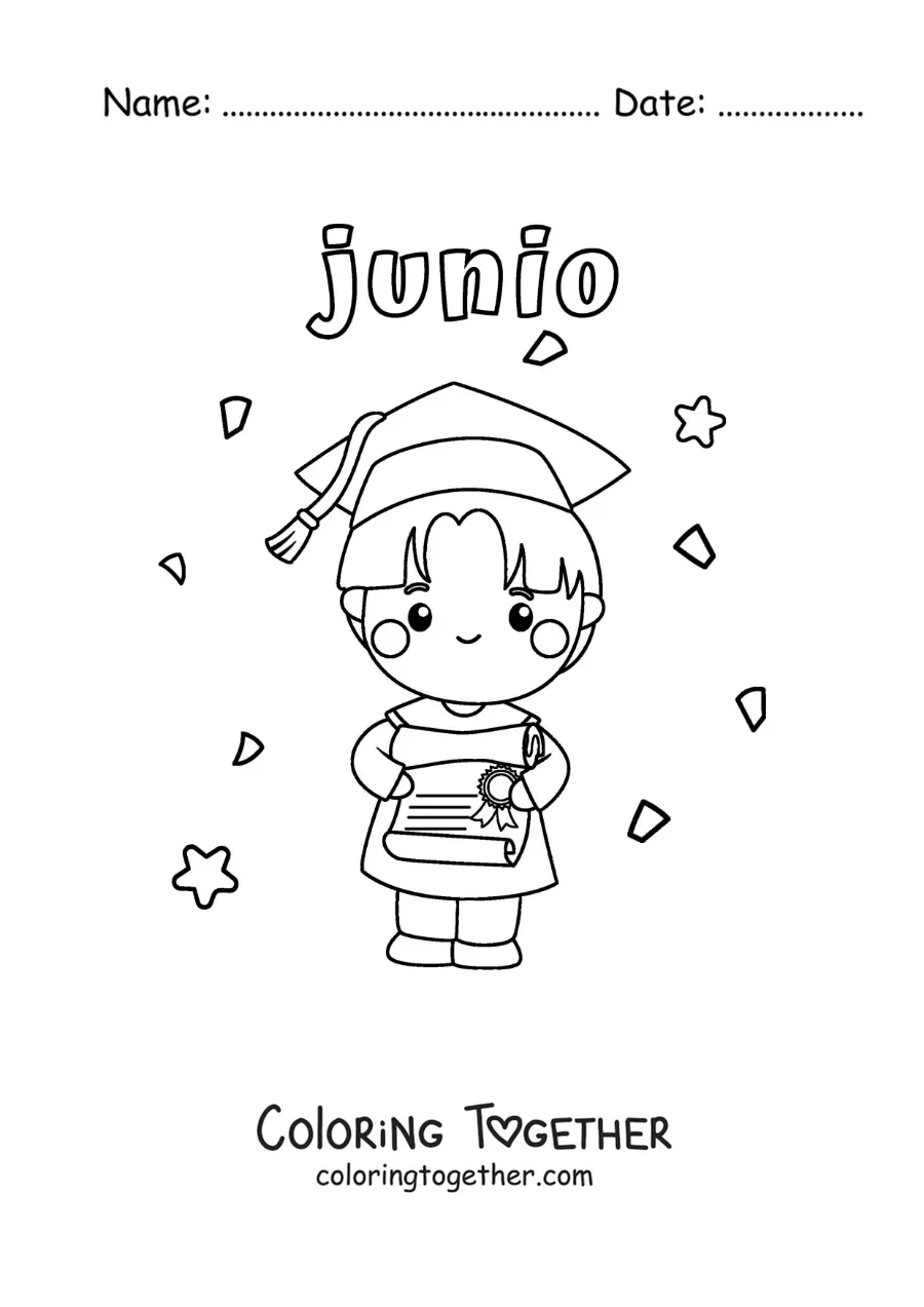 Coloring page of June with a boy holding a diploma and cap at his graduation