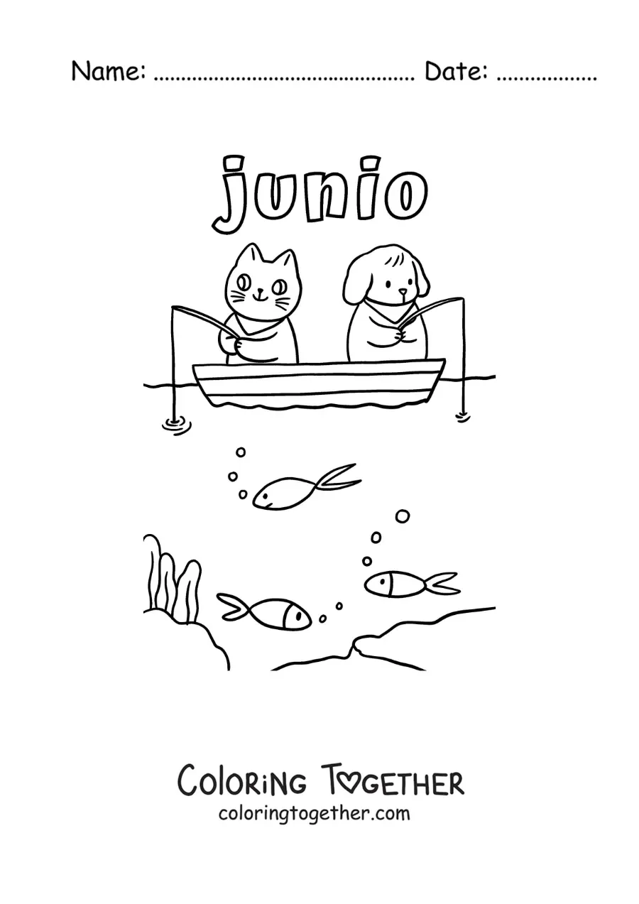 Coloring page of June with a cartoon cat and dog fishing in a boat