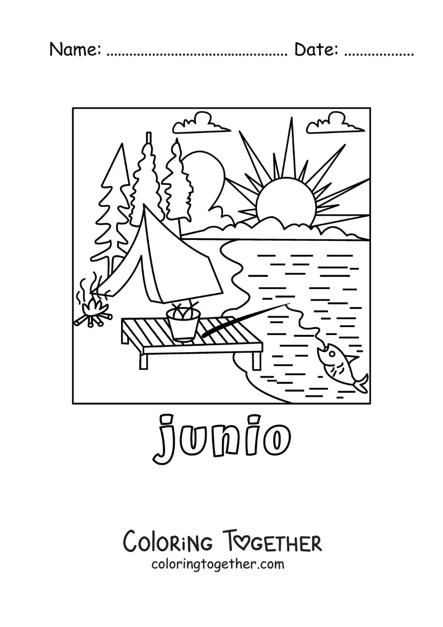 Coloring page of June with a campsite by the lake
