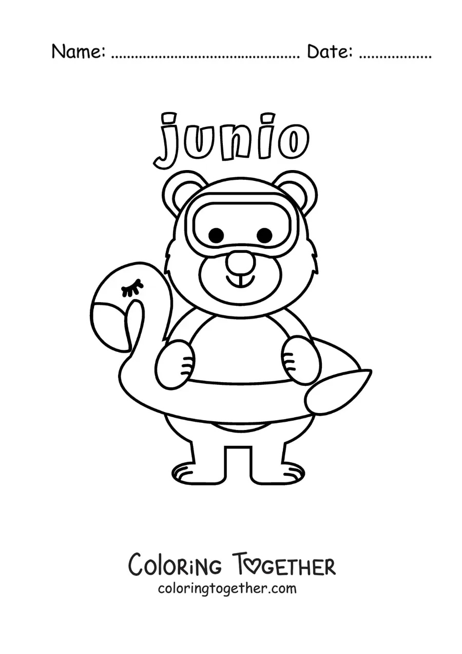 Coloring page of June with a cartoon bear wearing a life ring and diving goggles