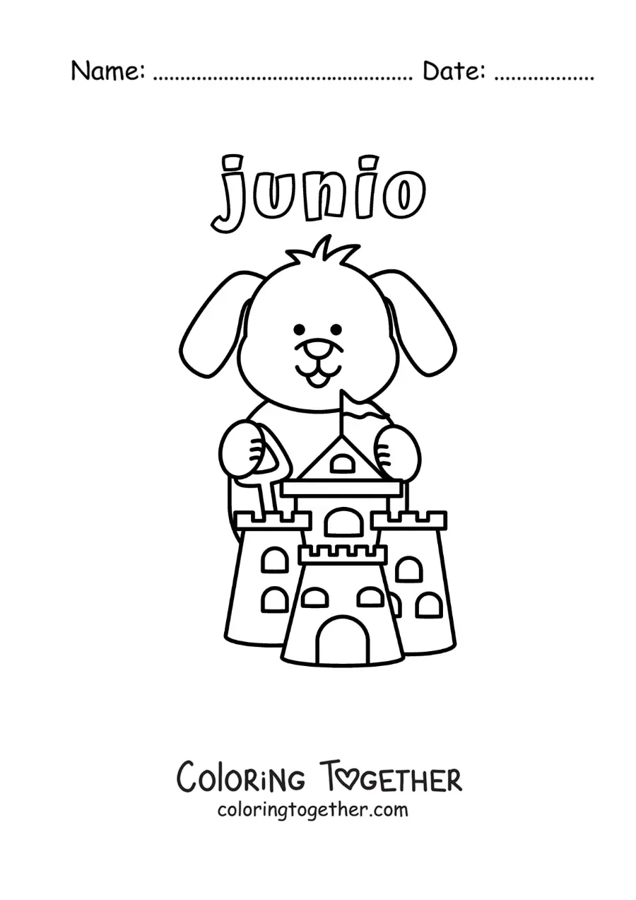 Coloring page of June with a cartoon dog building a sandcastle