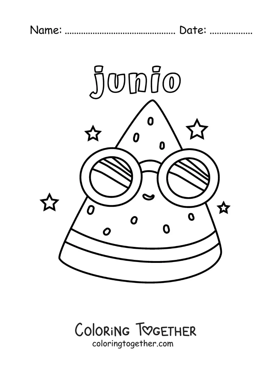 Coloring page of June with a cartoon watermelon wearing sunglasses in summer