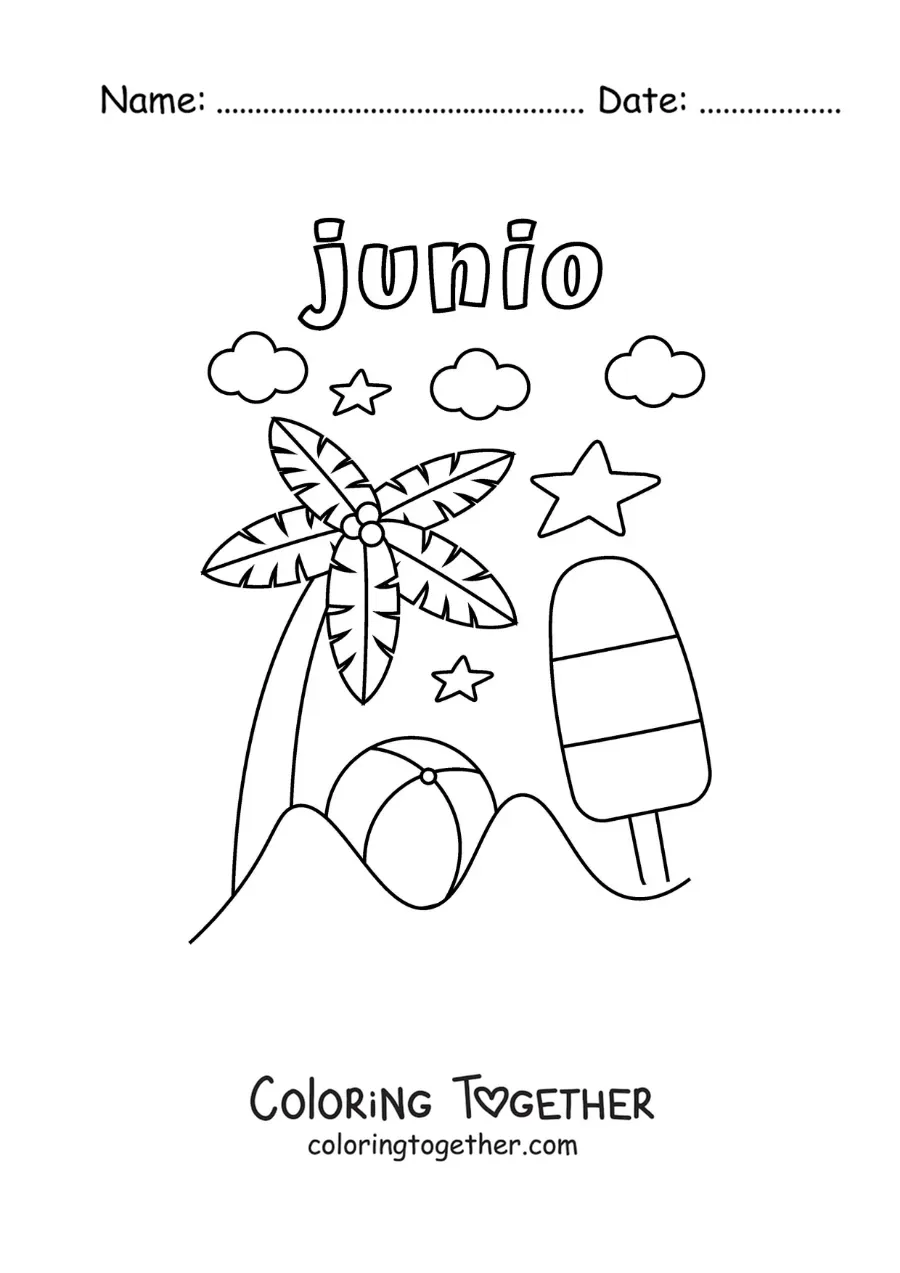 Coloring page of June with a summer day at the beach with a palm tree and a ball
