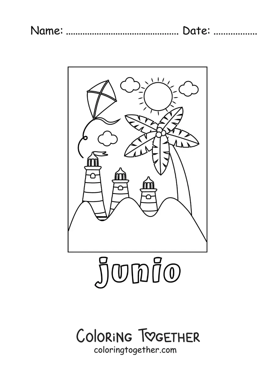 Coloring page of June with a summer day at the beach with lighthouses and a kite
