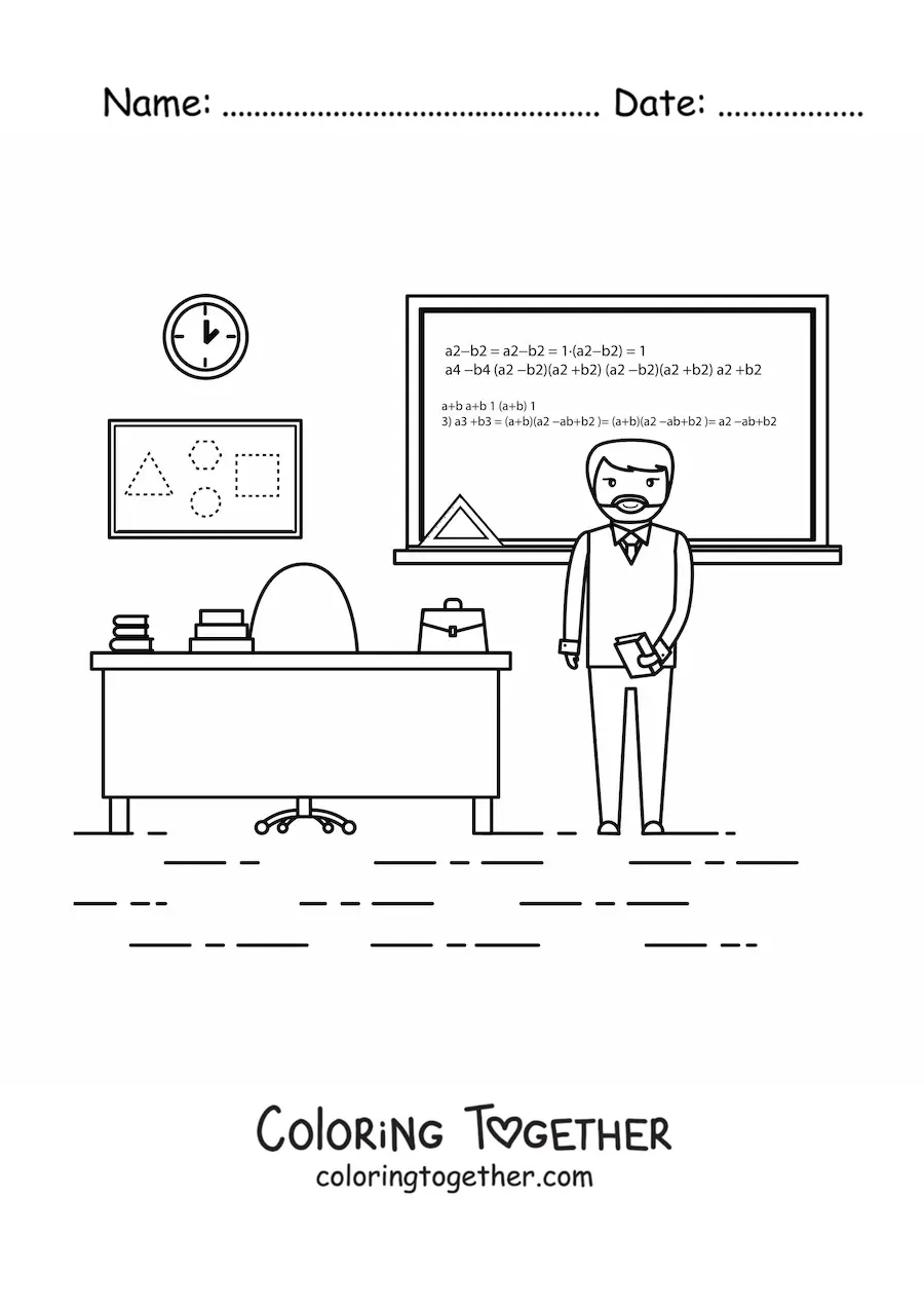 Coloring page of a teacher explaining math in front of the board