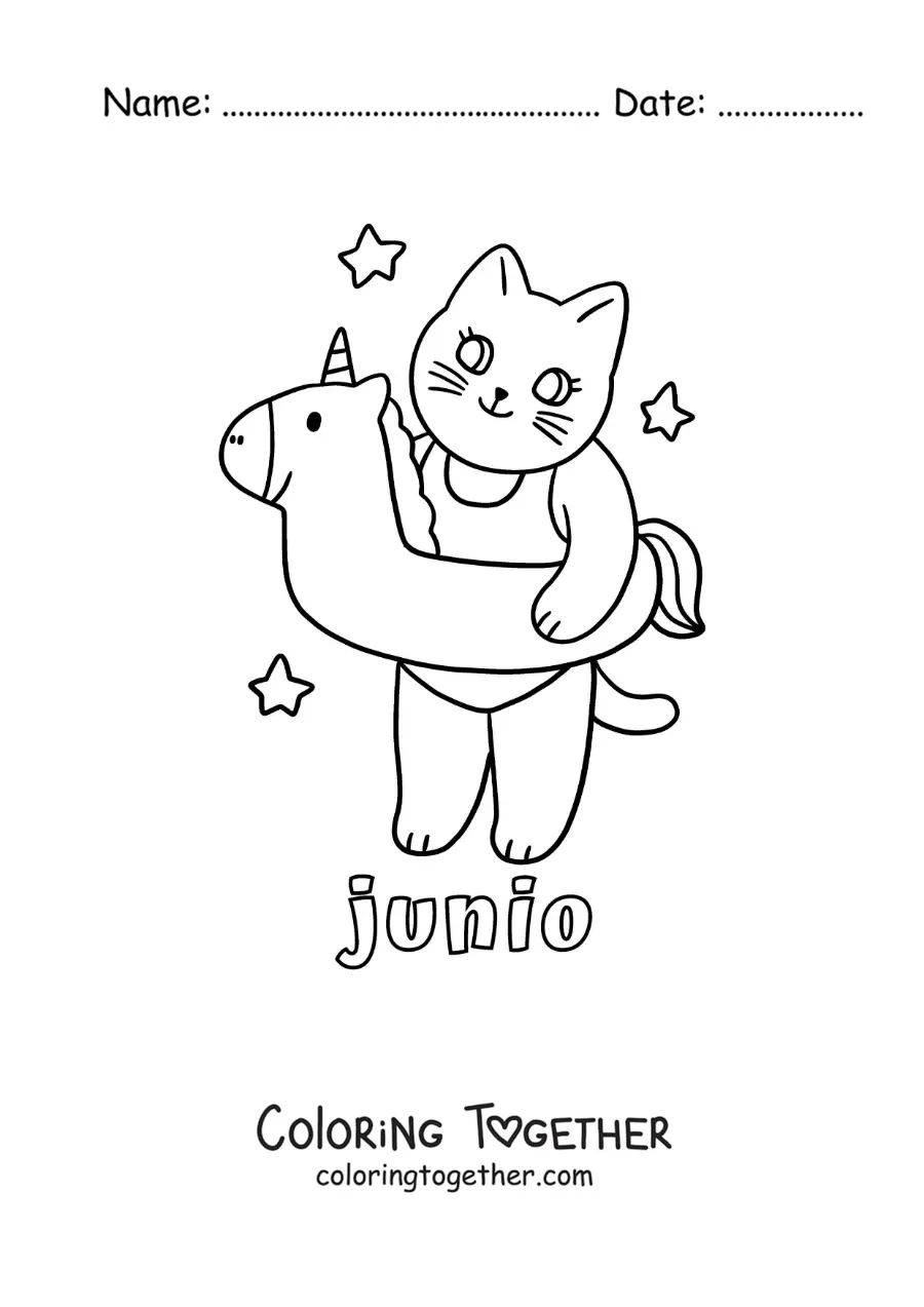 Coloring page of June with a cartoon cat wearing a life ring