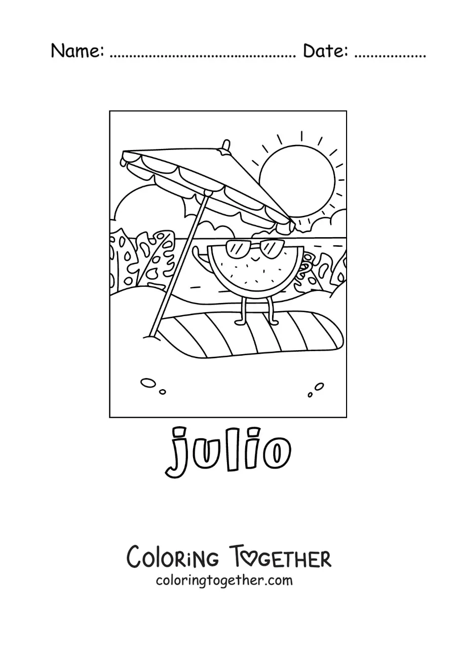 Coloring page of July with a cartoon watermelon on the beach